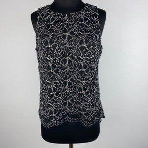Elle L Black White Floral Lace Threaded Tank Top Partial Back Zip Lined